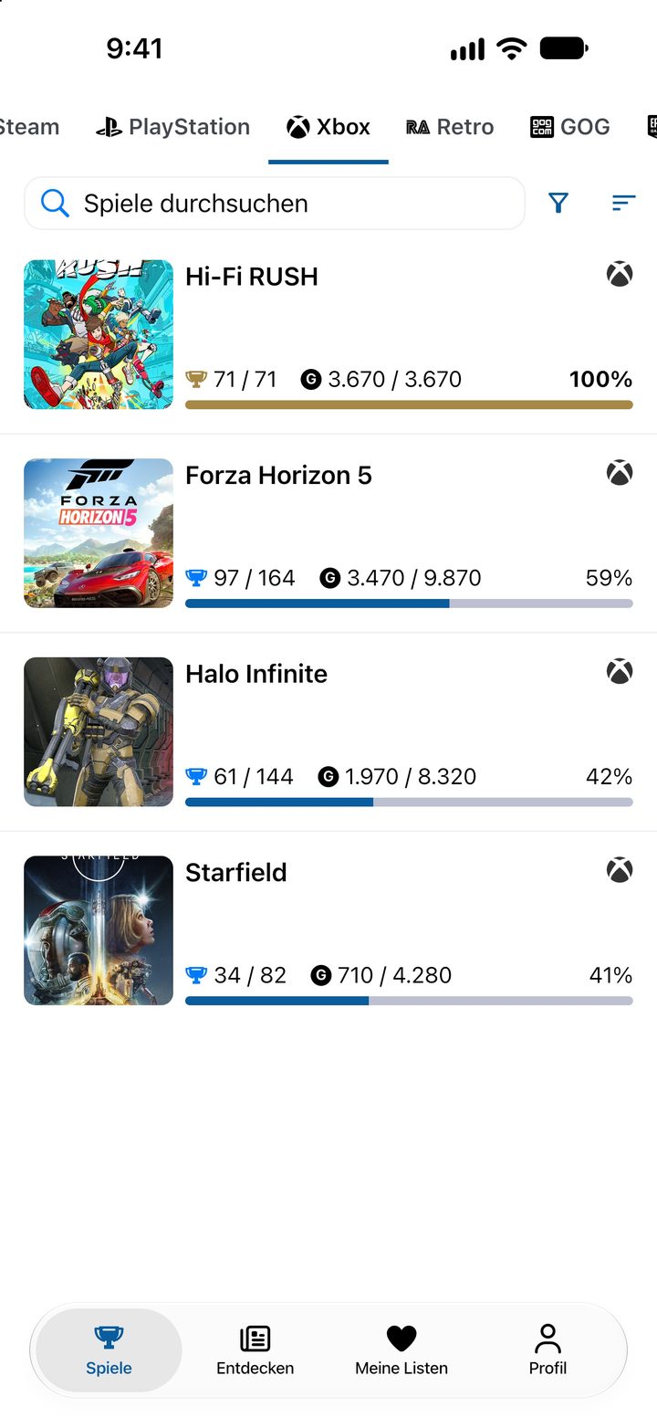Bibliothek mit dem Reiter Xbox, die Spiele nach erhaltenem Gamerscore sortiert
