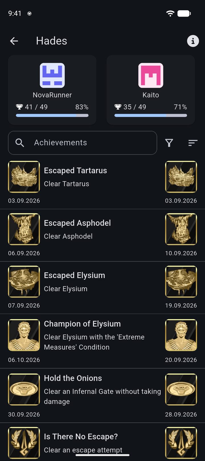 Hades compared with a friend: progress side by side and unlock dates for each achievement