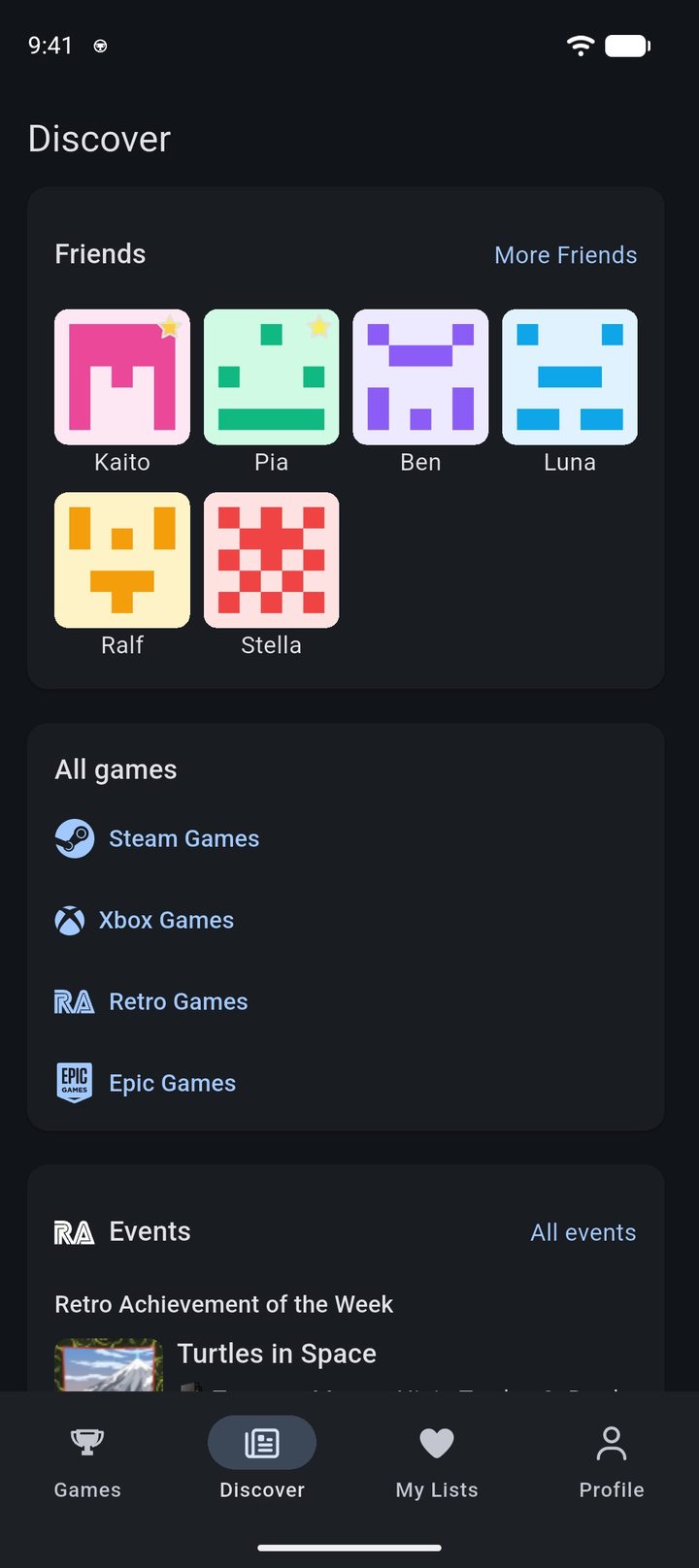 Discover screen with friends, the game catalogs and the RetroAchievements events
