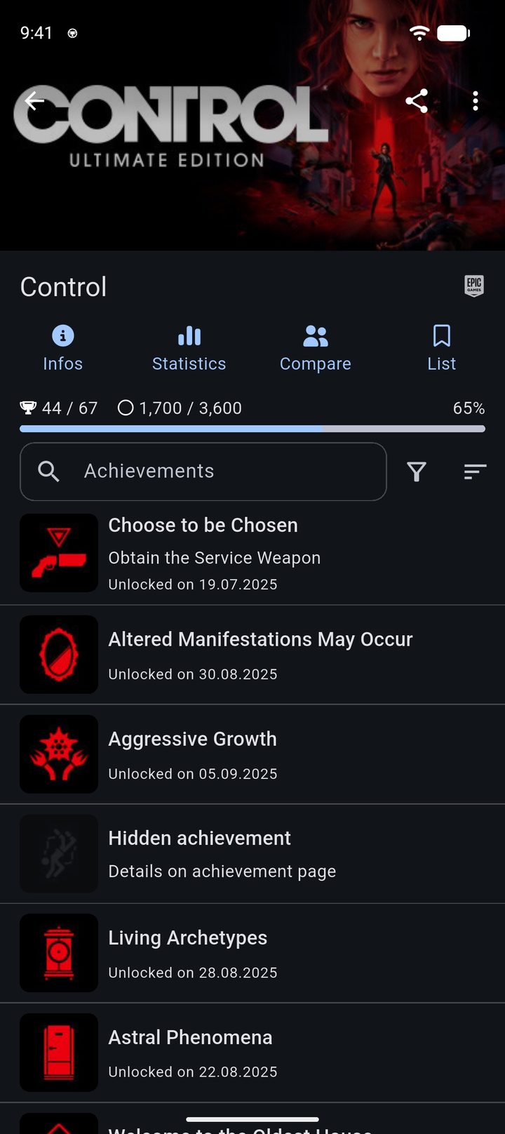 Game page for Control on Epic Games with progress, XP and the achievement list