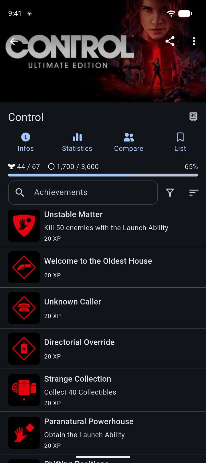 Control game page with XP progress and the achievements sorted by XP