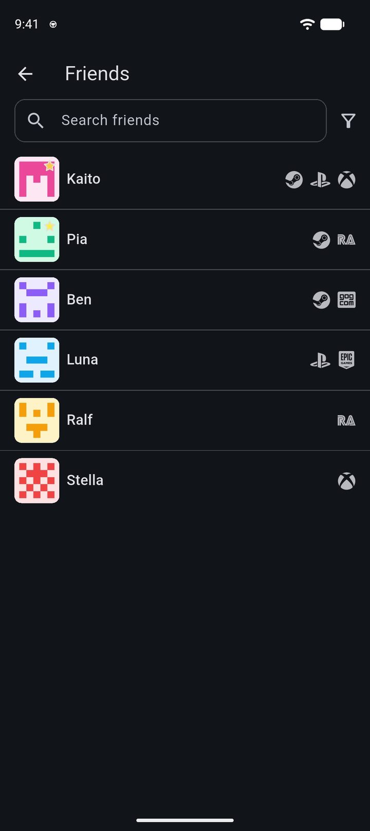 Friends list with the platforms each friend plays on