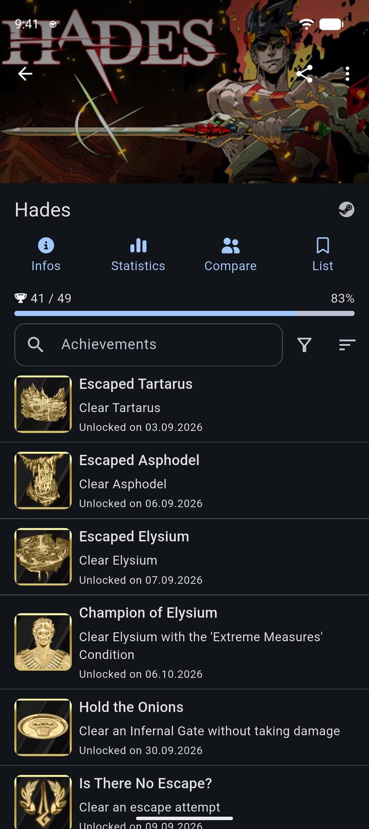 Game page for Hades with progress, the tabs for info, statistics and comparison, and the achievement list