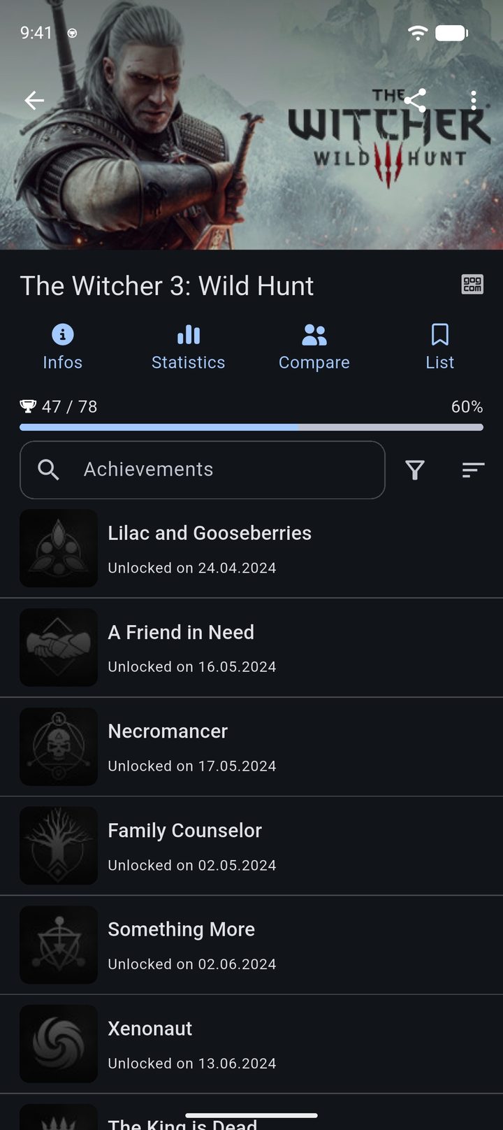 Game page for The Witcher 3: Wild Hunt on GOG with progress and the achievement list