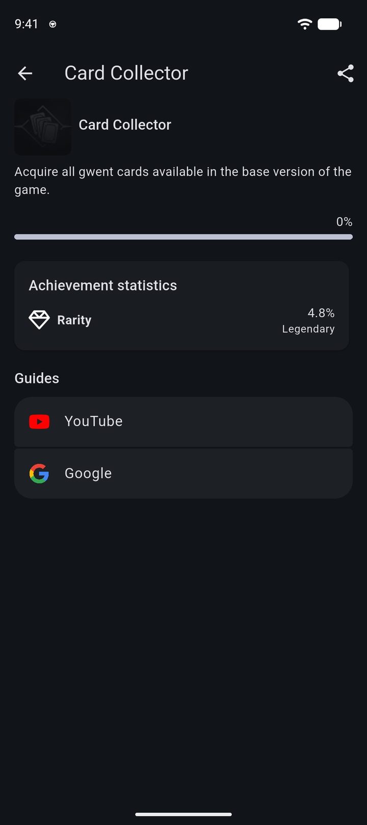 Card Collector achievement from The Witcher 3 with 4.8 % and the GOG tier Legendary
