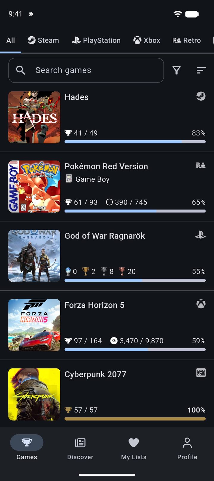 Game library screen with achievement progress for each title