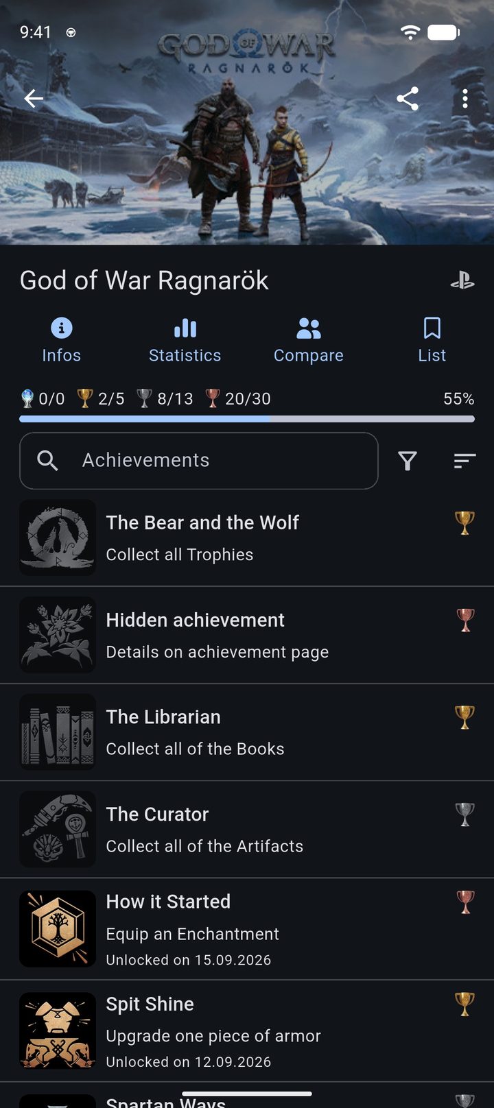 Game page for God of War Ragnarök with platinum, gold, silver and bronze trophies