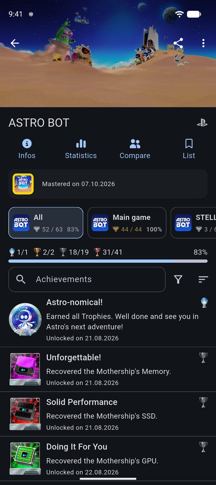 Astro Bot with the trophy groups All, Main game and Stellar Speedway and the trophy list