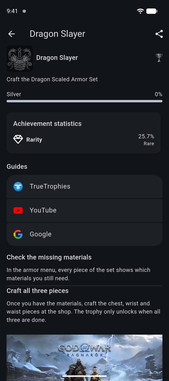 Dragon Slayer trophy from God of War Ragnarök with its rarity and two official tips