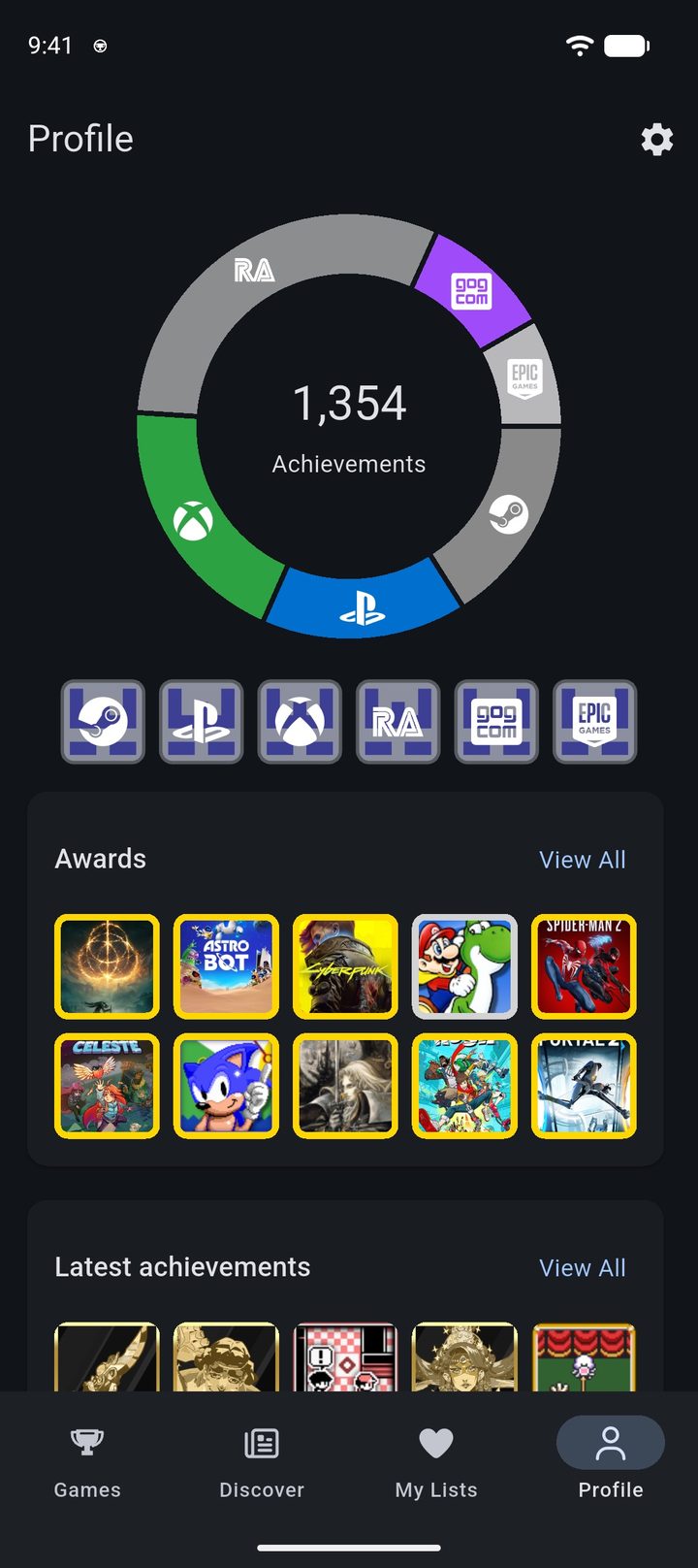 Profile screen with the total number of achievements across all connected platforms