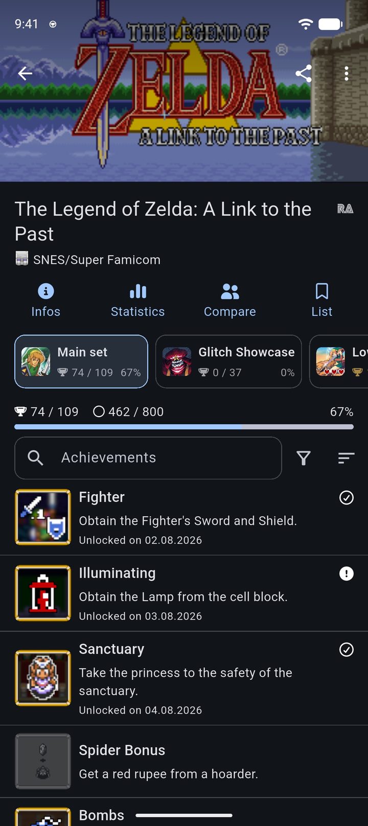 RetroAchievements game The Legend of Zelda: A Link to the Past with the main set, subsets and hardcore and softcore progress