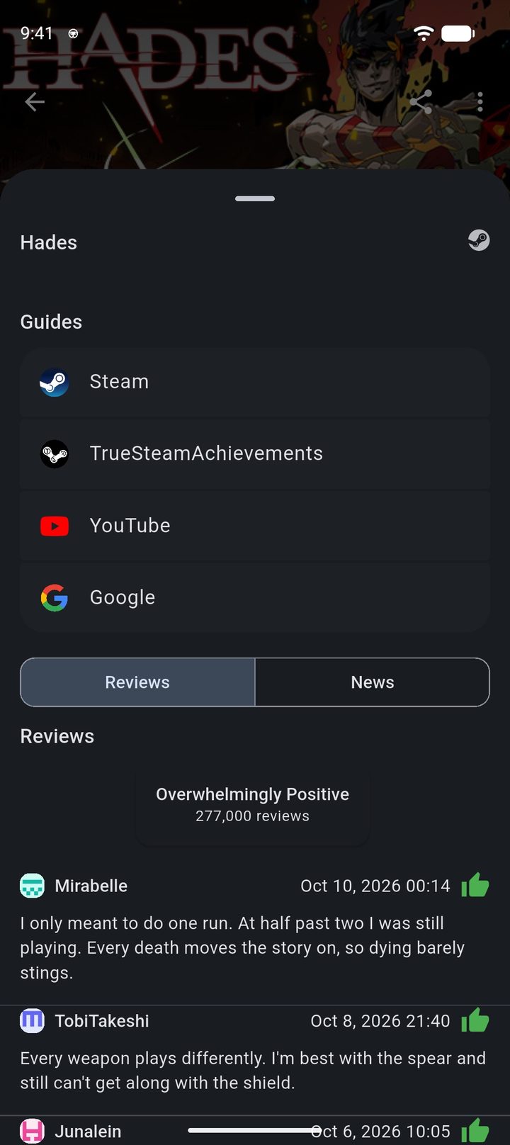 Hades info with the Steam rating “Overwhelmingly Positive” and the latest reviews