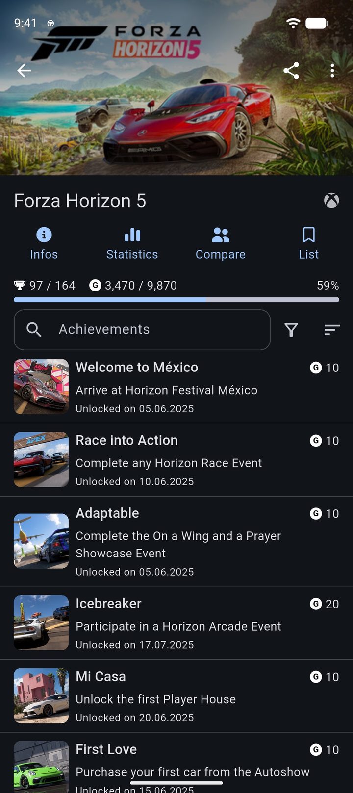 Game page for Forza Horizon 5 with Gamerscore and the achievement list