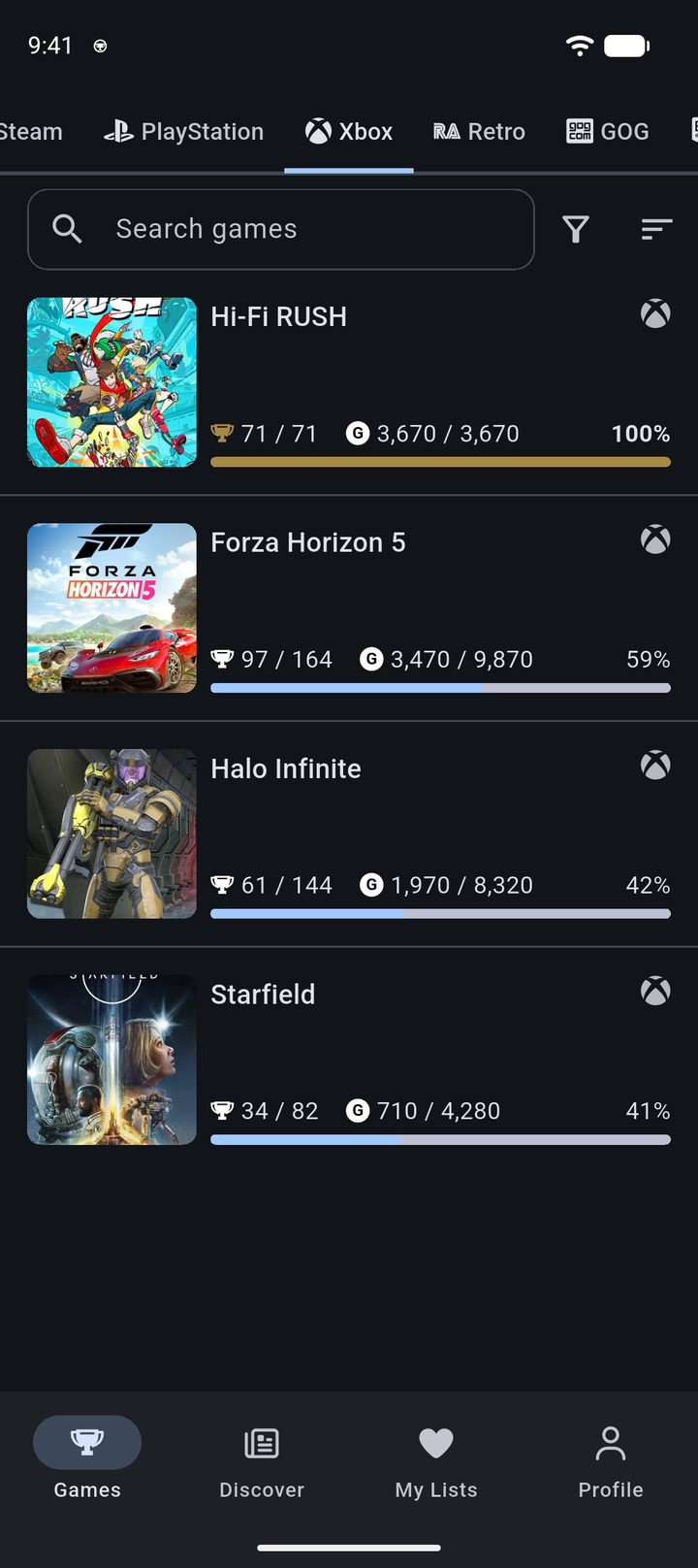 Library on the Xbox tab with the games sorted by earned Gamerscore