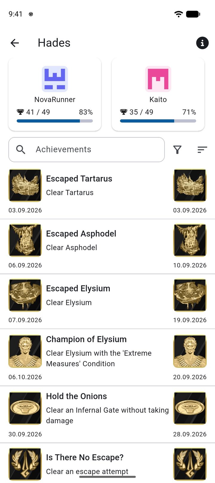 Hades compared with a friend: progress side by side and unlock dates for each achievement
