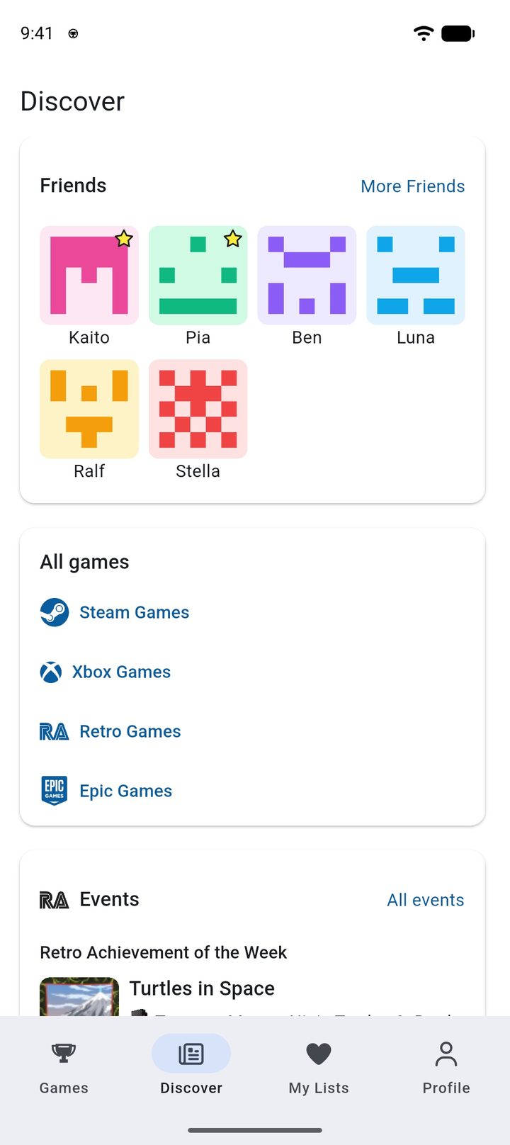 Discover screen with friends, the game catalogs and the RetroAchievements events