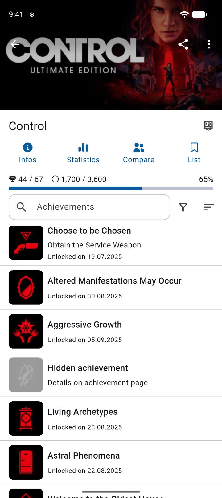 Game page for Control on Epic Games with progress, XP and the achievement list
