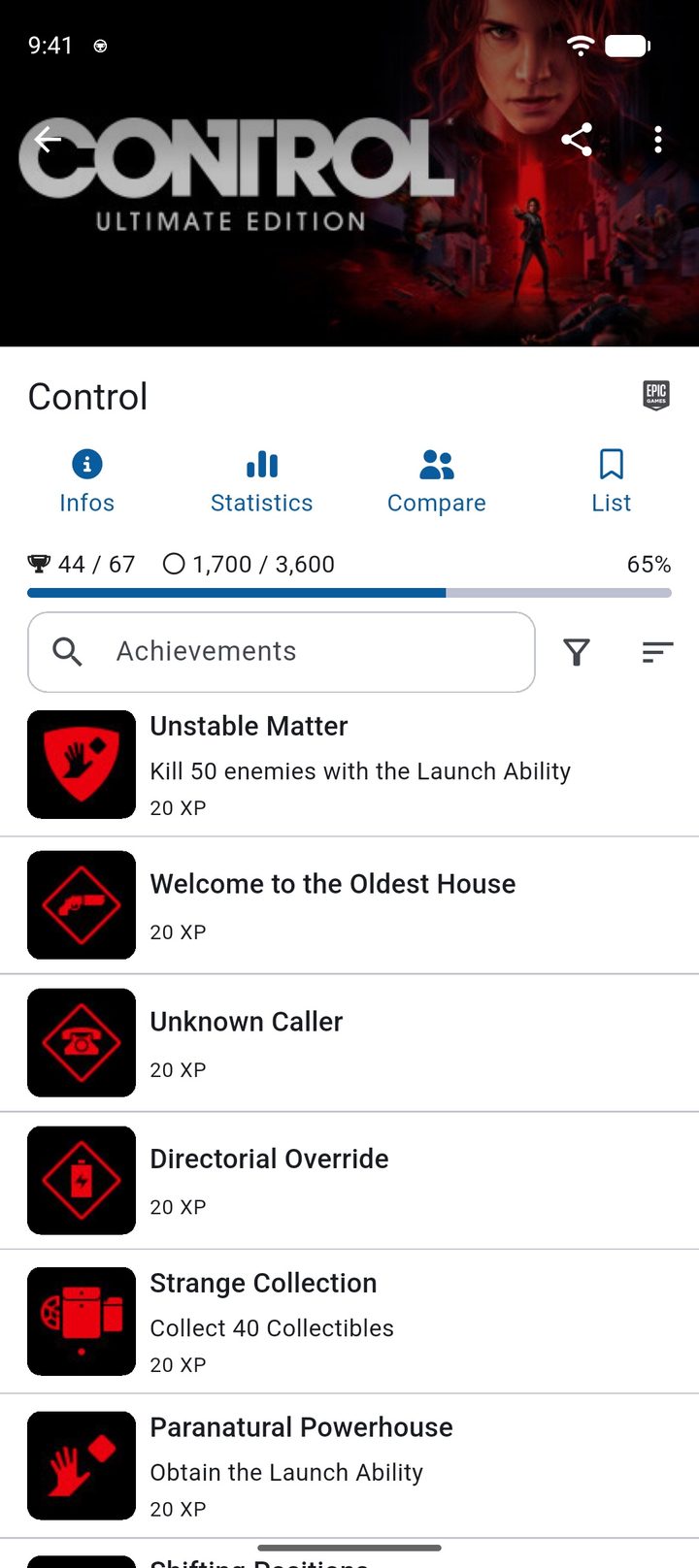 Control game page with XP progress and the achievements sorted by XP