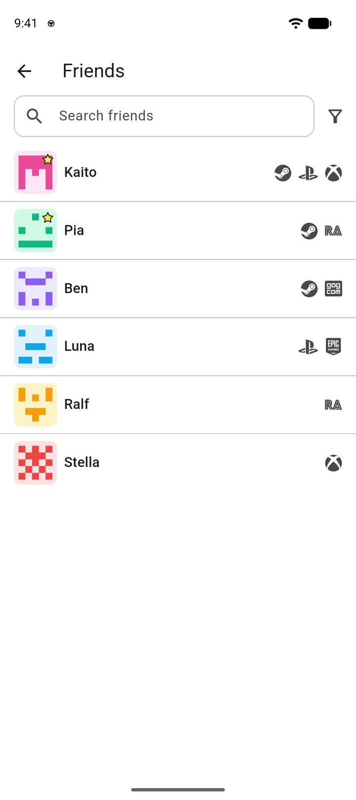 Friends list with the platforms each friend plays on