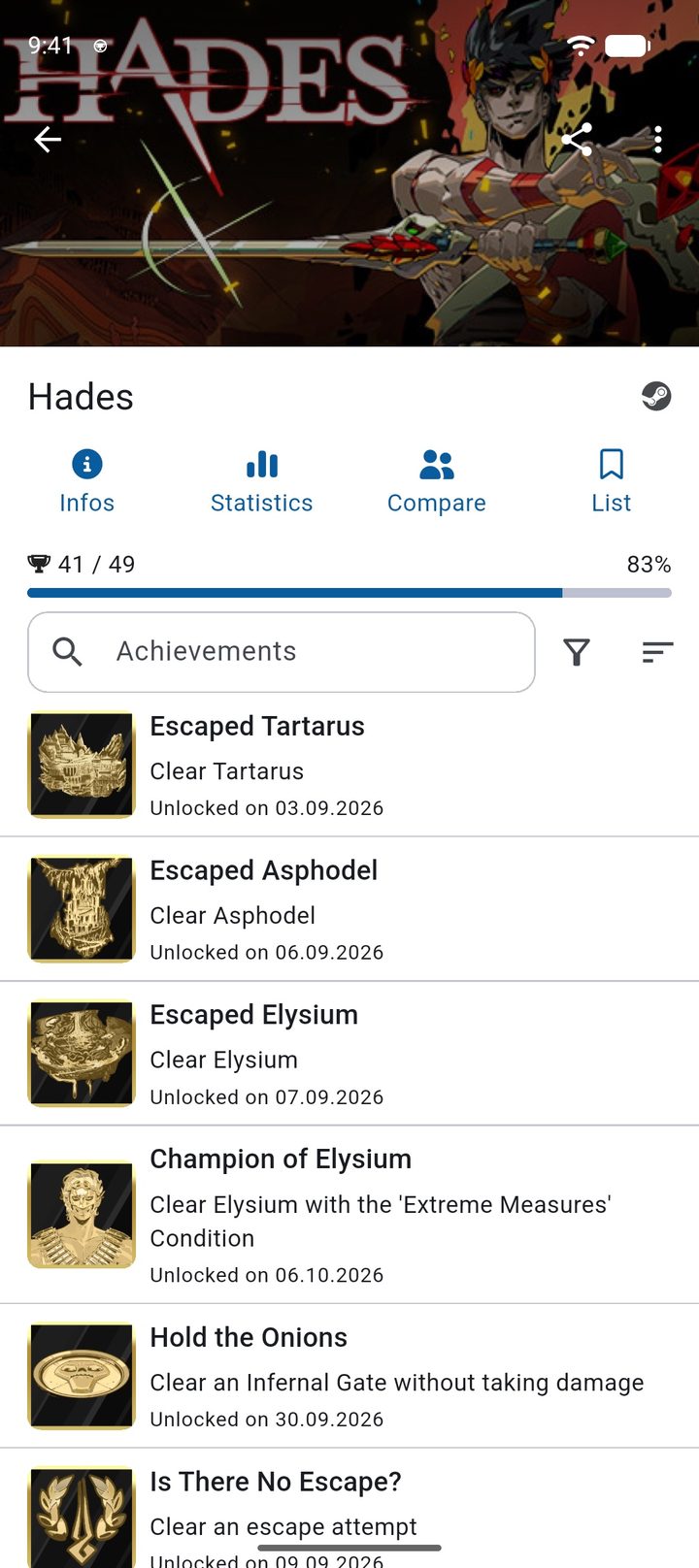 Game page for Hades with progress, the tabs for info, statistics and comparison, and the achievement list