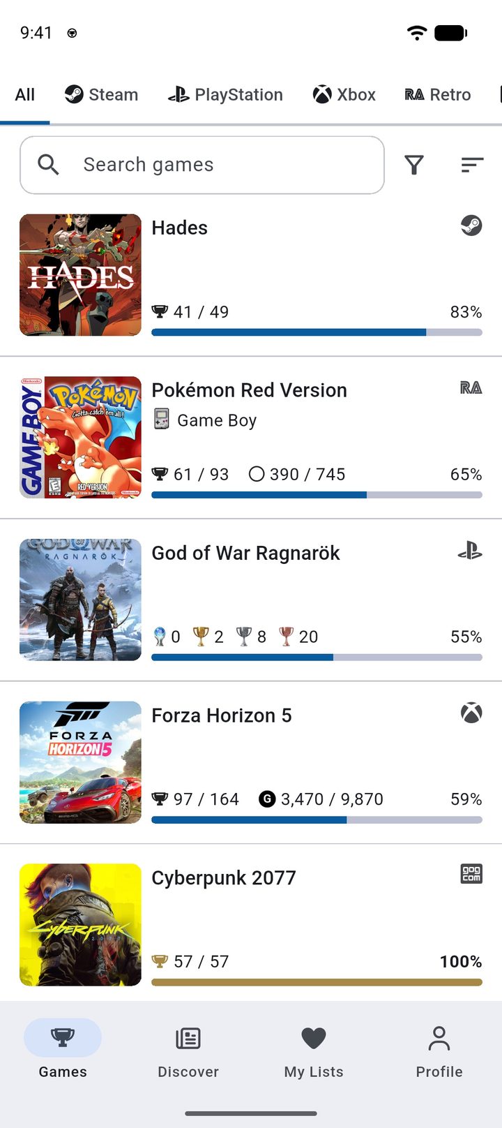 Game library screen with achievement progress for each title