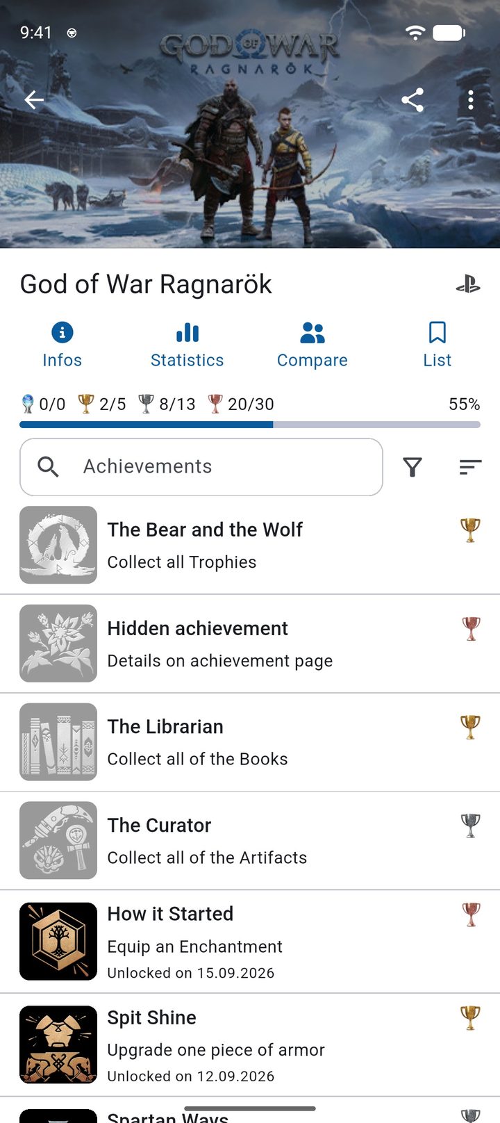 Game page for God of War Ragnarök with platinum, gold, silver and bronze trophies