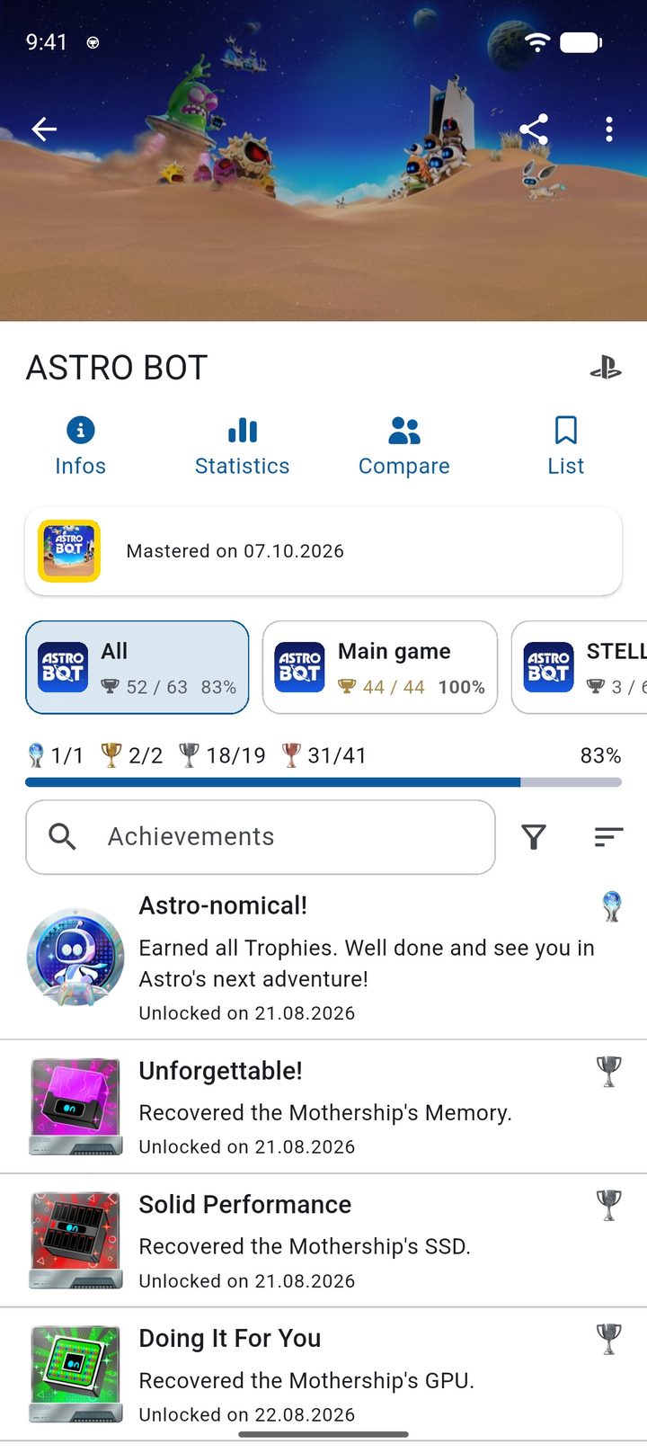 Astro Bot with the trophy groups All, Main game and Stellar Speedway and the trophy list