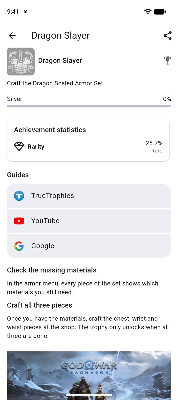 Dragon Slayer trophy from God of War Ragnarök with its rarity and two official tips