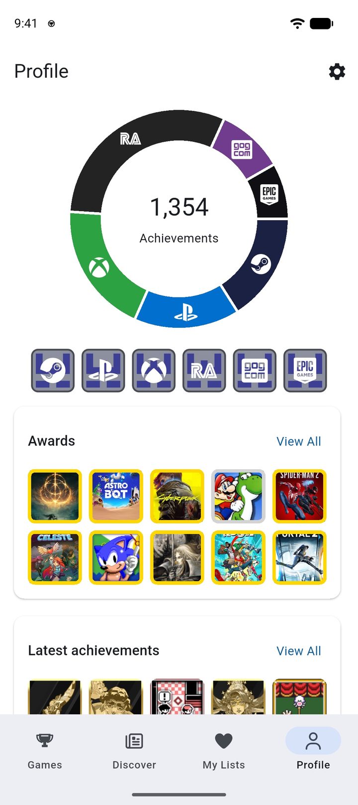 Profile screen with the total number of achievements across all connected platforms