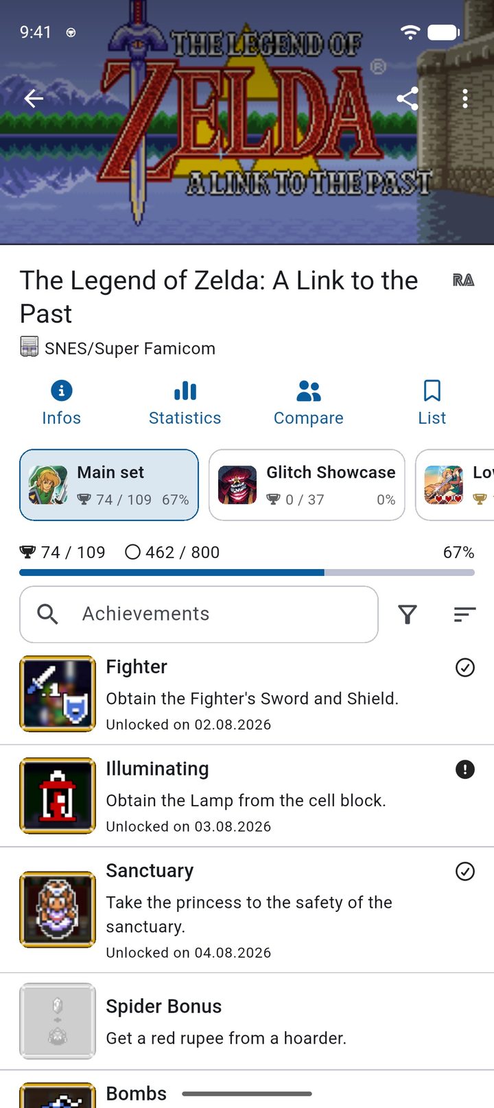 RetroAchievements game The Legend of Zelda: A Link to the Past with the main set, subsets and hardcore and softcore progress