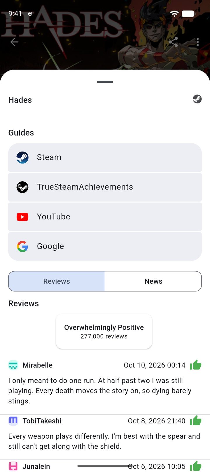 Hades info with the Steam rating “Overwhelmingly Positive” and the latest reviews