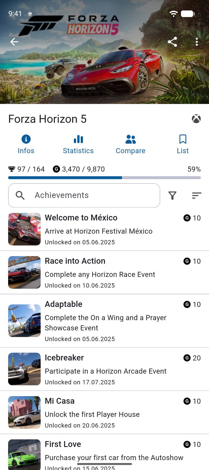 Game page for Forza Horizon 5 with Gamerscore and the achievement list