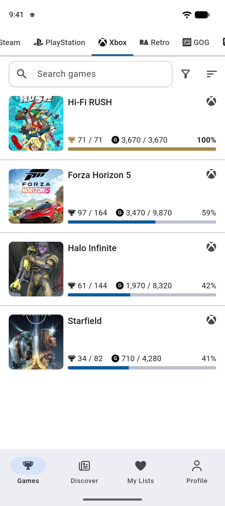 Library on the Xbox tab with the games sorted by earned Gamerscore