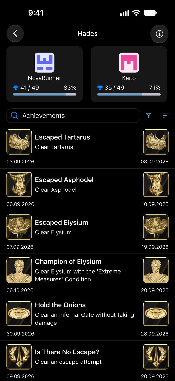 Hades compared with a friend: progress side by side and unlock dates for each achievement