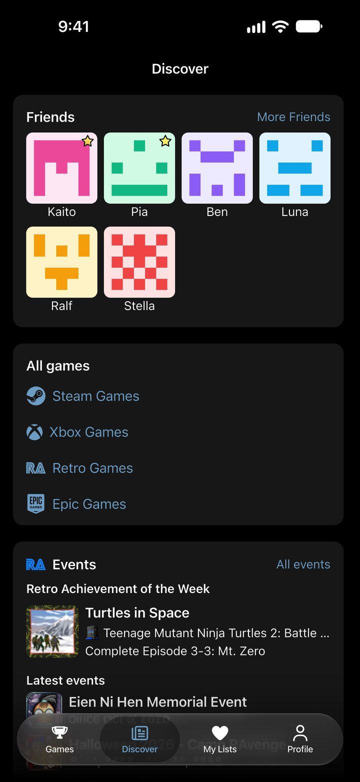 Discover screen with friends, the game catalogs and the RetroAchievements events