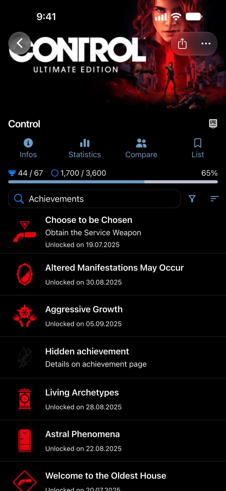 Game page for Control on Epic Games with progress, XP and the achievement list