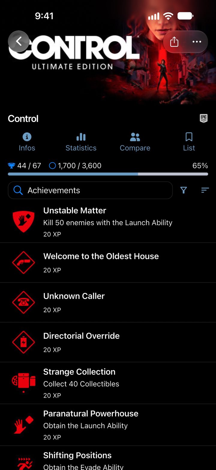 Control game page with XP progress and the achievements sorted by XP