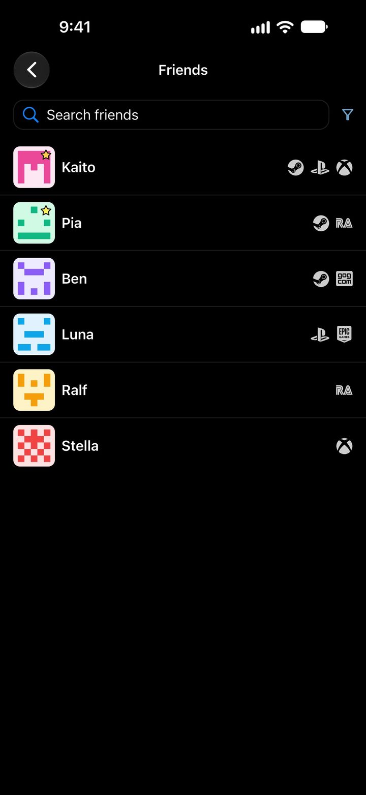 Friends list with the platforms each friend plays on