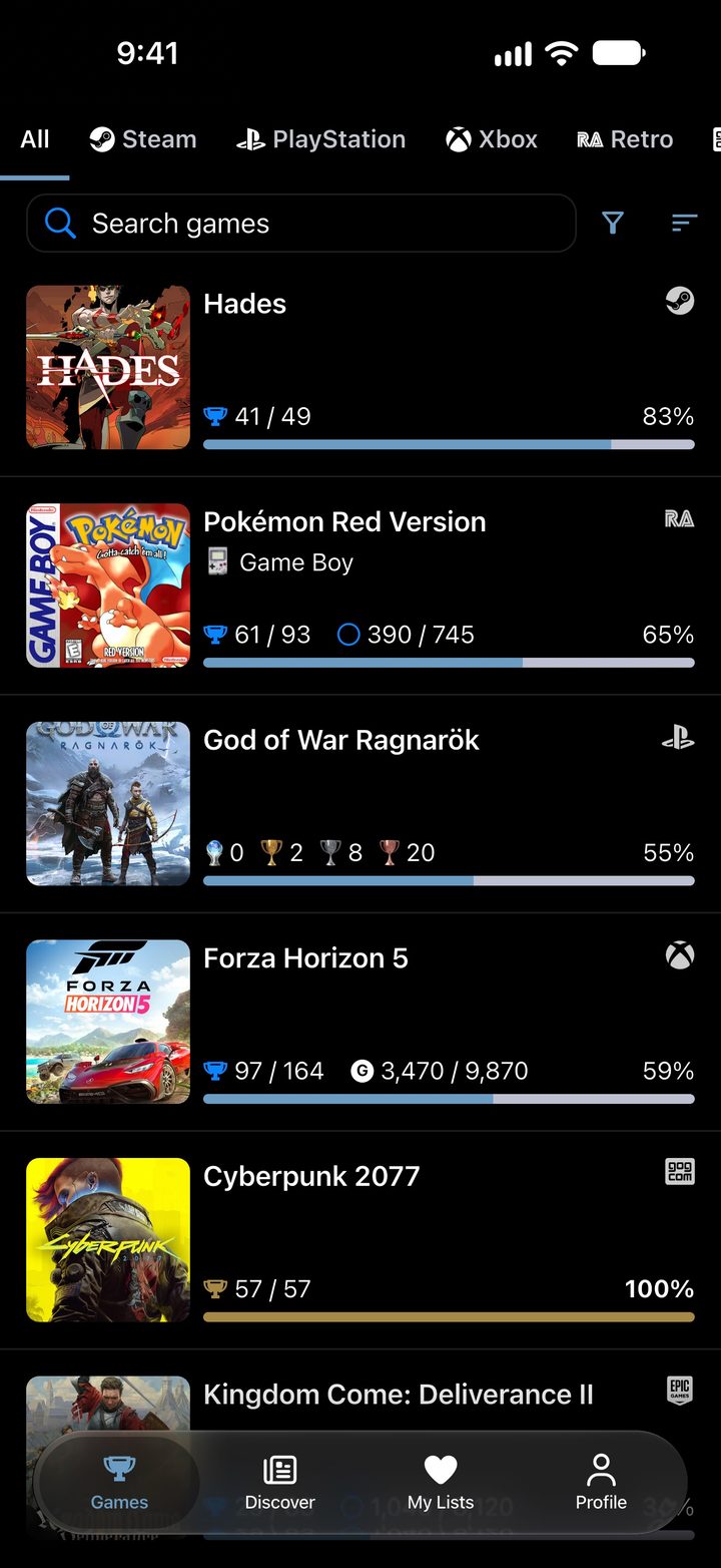 Game library screen with achievement progress for each title