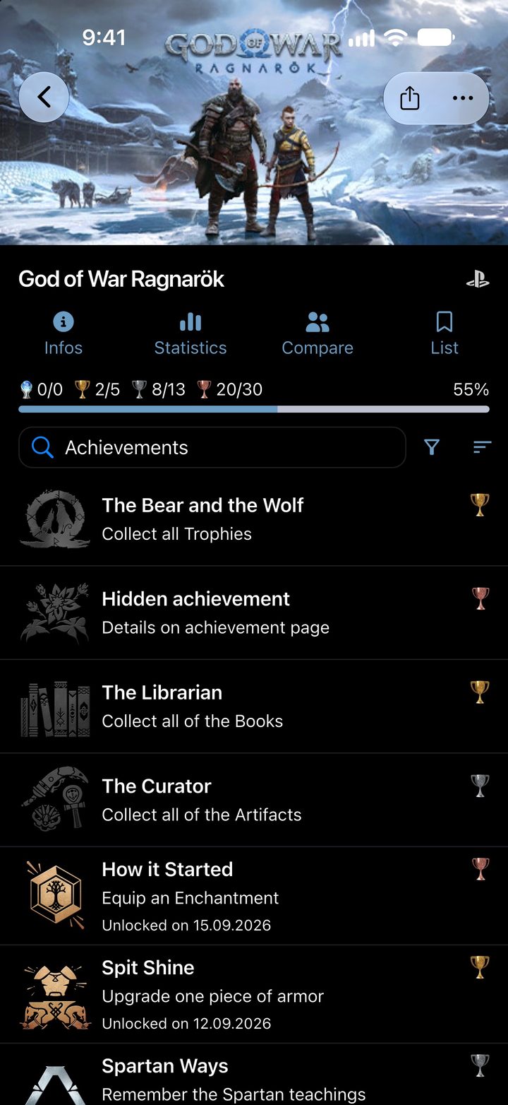 Game page for God of War Ragnarök with platinum, gold, silver and bronze trophies