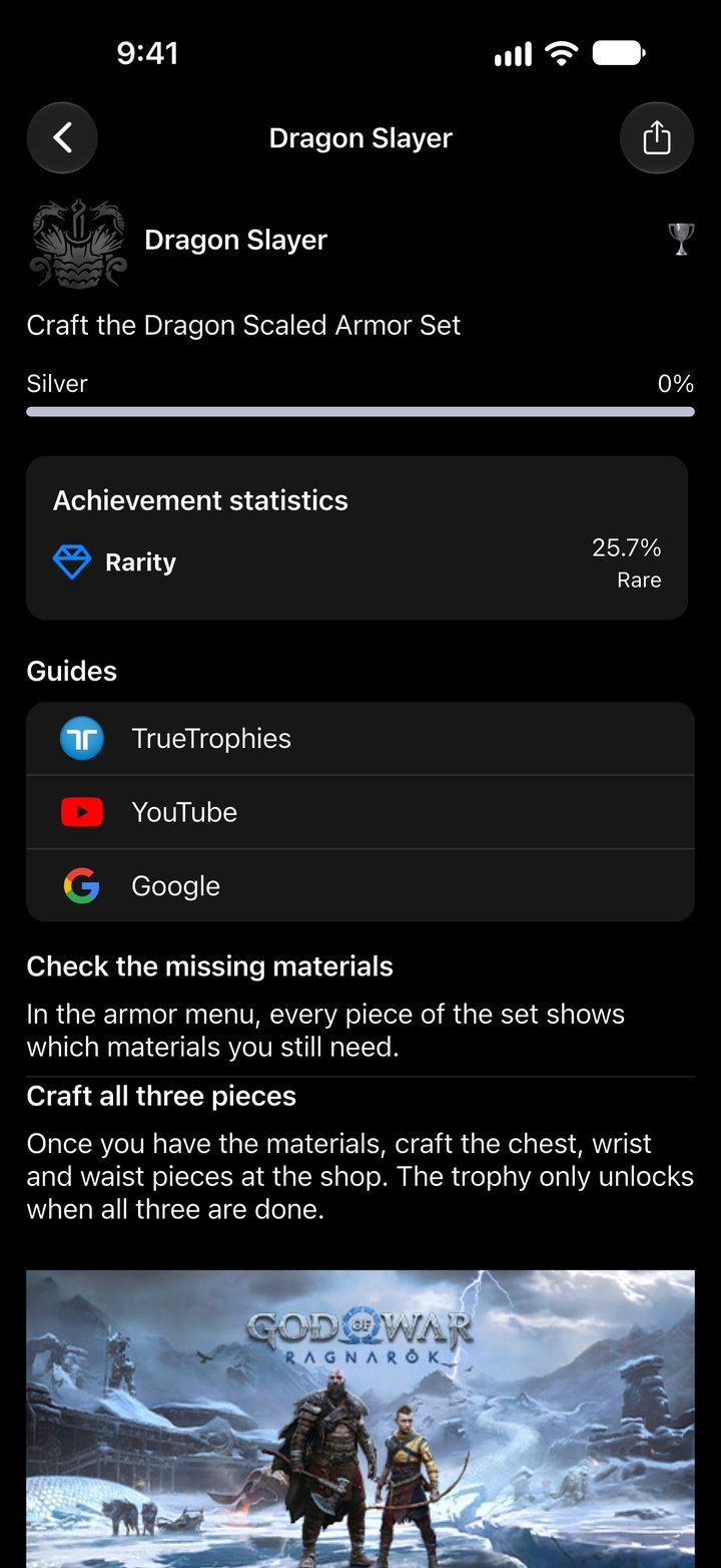 Dragon Slayer trophy from God of War Ragnarök with its rarity and two official tips