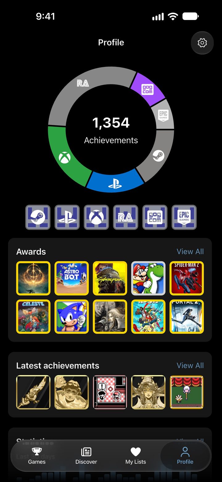 Profile screen with the total number of achievements across all connected platforms
