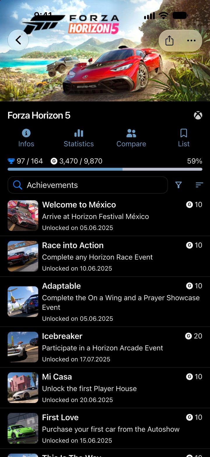 Game page for Forza Horizon 5 with Gamerscore and the achievement list