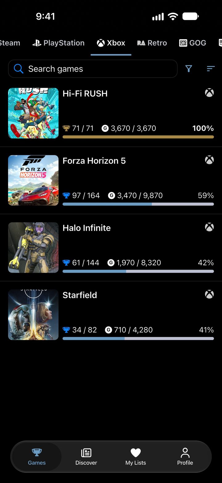 Library on the Xbox tab with the games sorted by earned Gamerscore