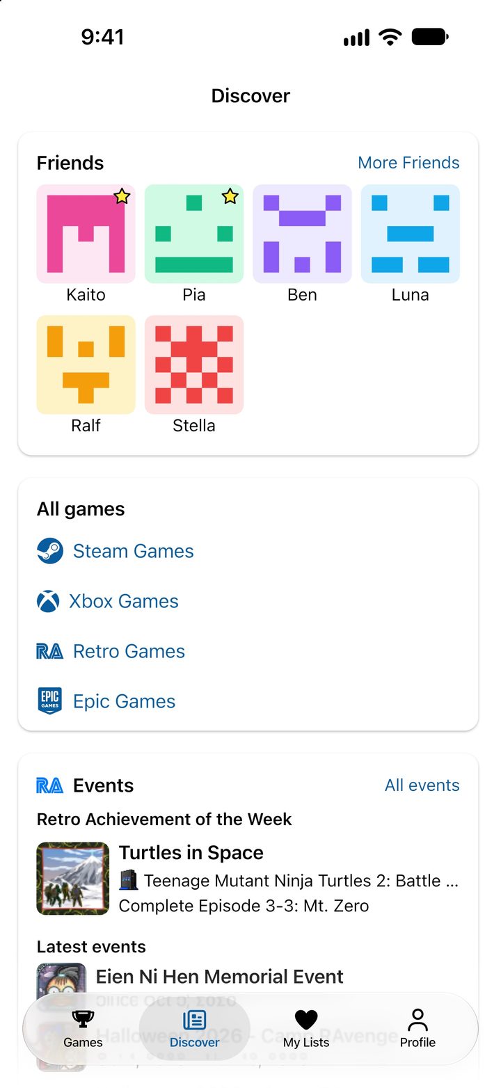Discover screen with friends, the game catalogs and the RetroAchievements events