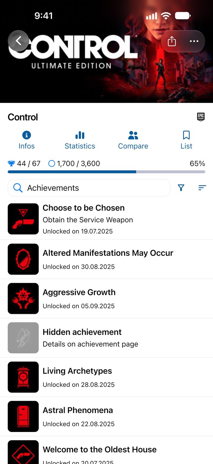 Game page for Control on Epic Games with progress, XP and the achievement list