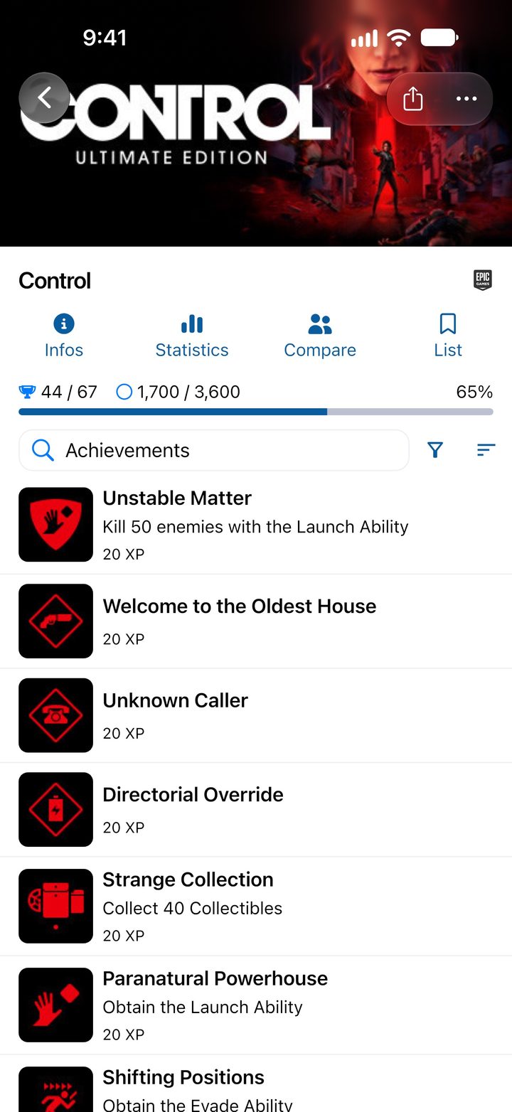 Control game page with XP progress and the achievements sorted by XP