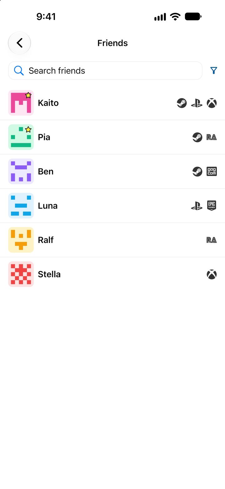 Friends list with the platforms each friend plays on