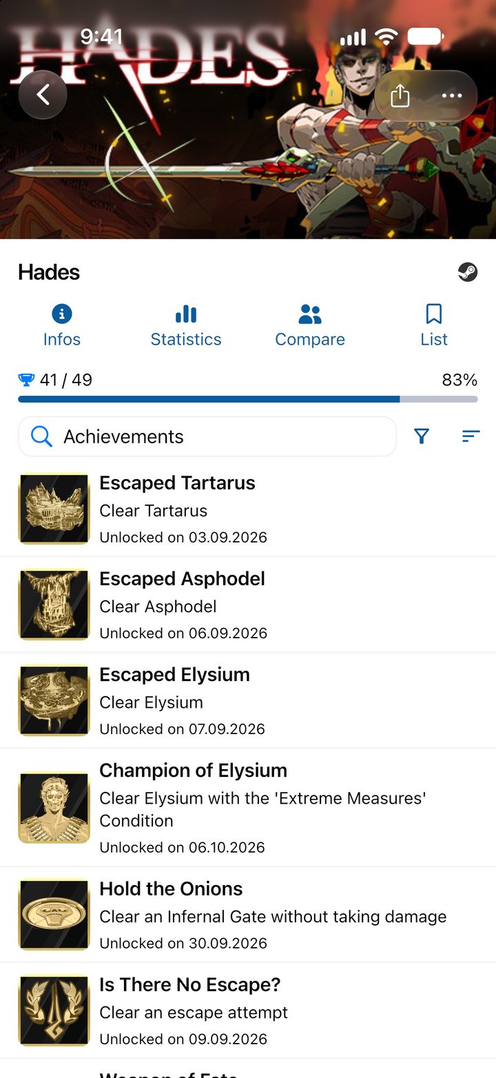 Game page for Hades with progress, the tabs for info, statistics and comparison, and the achievement list