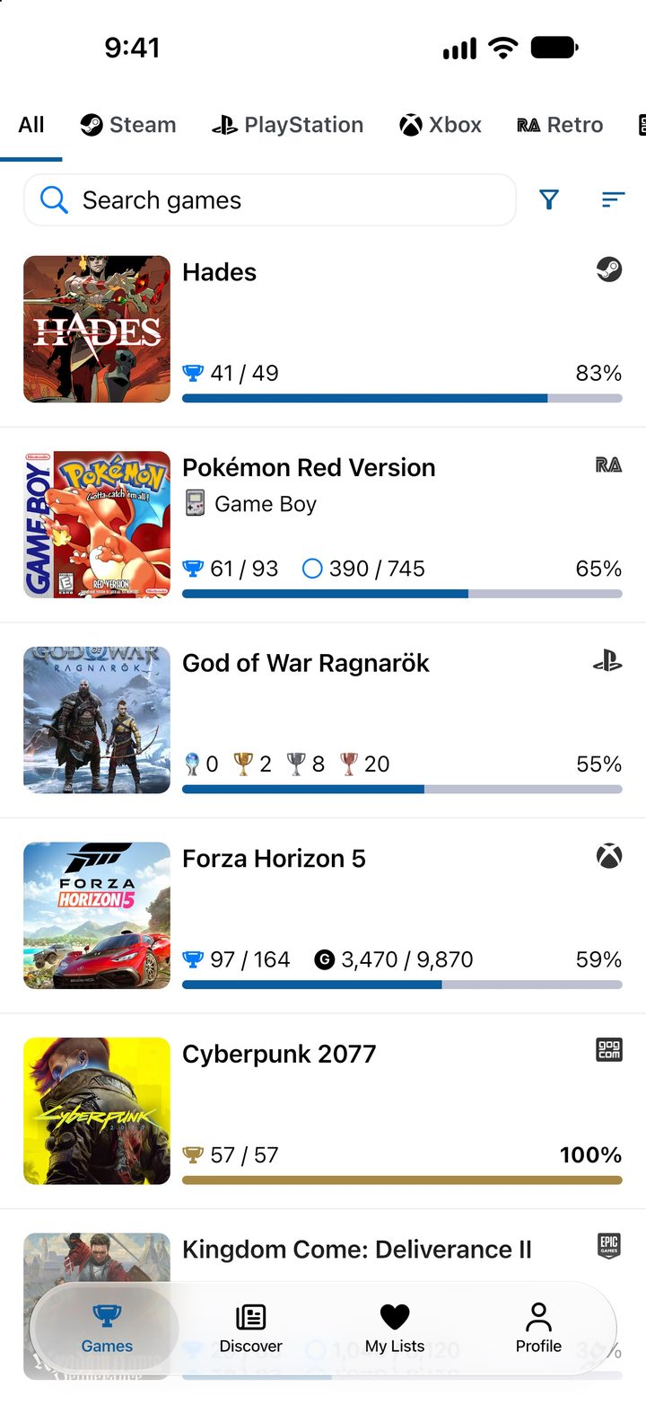Game library screen with achievement progress for each title